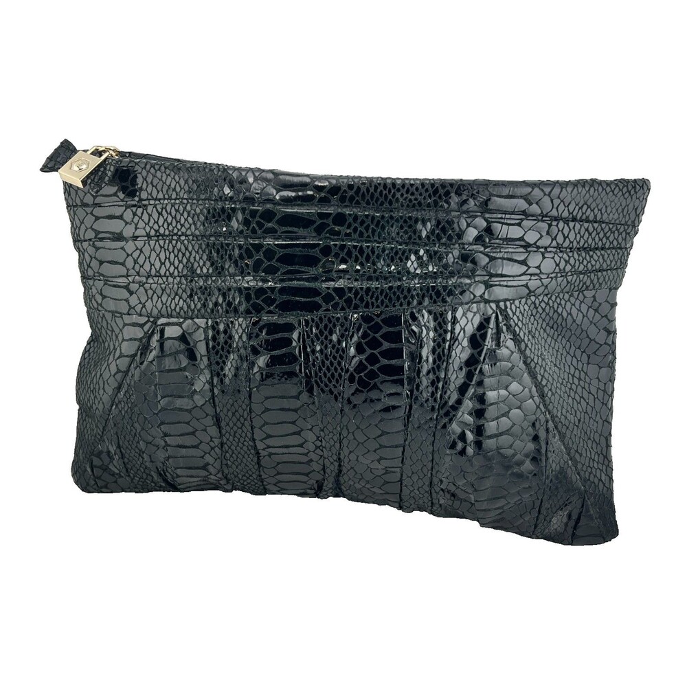 Vtg LIZ CLAIBORNE LEATHER Clutch Handbag Black Snakeskin Patent Zip Charm Glam